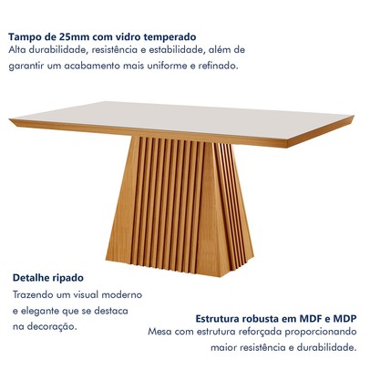 Mesa de Jantar 4 Lugares Austria Ripado com Vidro Castanho/Cinamomo/Suede Creme 17658 - Lj Móveis