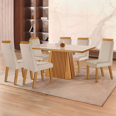 Mesa de Jantar 4 Lugares Austria Ripado com Vidro Castanho/Cinamomo/Suede Creme 17658 - Lj Móveis