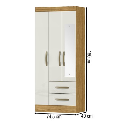 Guarda-Roupa Solteiro Adolfo 3 Portas 2 Gavetas com Espelho Marrocos/Off White - Mx Móveis