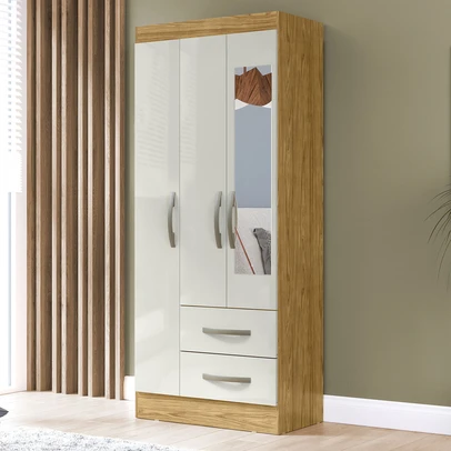 Guarda-Roupa Solteiro Adolfo 3 Portas 2 Gavetas com Espelho Marrocos/Off White - Mx Móveis