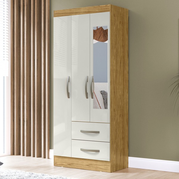 Guarda-Roupa Solteiro Adolfo 3 Portas 2 Gavetas com Espelho Marrocos/Off White - Mx Móveis