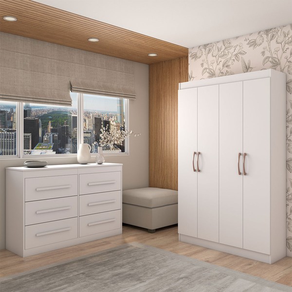Guarda-Roupa Solteiro Europa 4 Portas e Cômoda 6 Gavetas Branco - Panorama Móveis