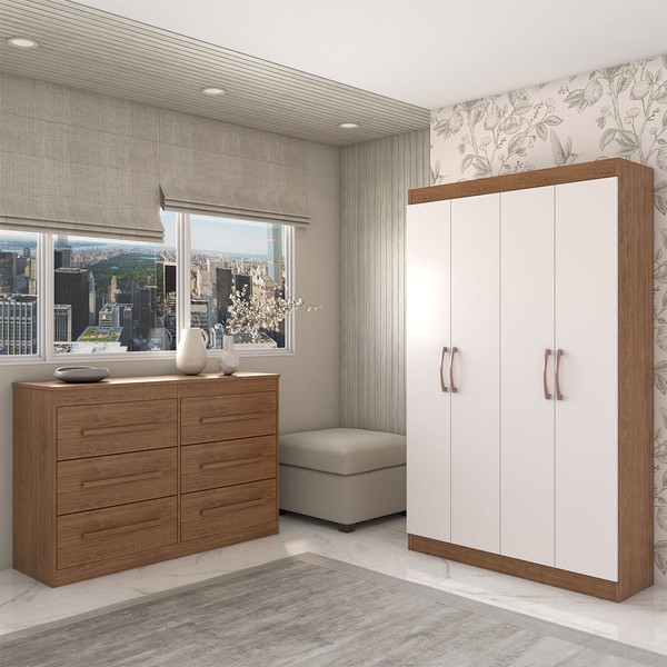 Guarda-Roupa Solteiro Europa 4 Portas e Cômoda 6 Gavetas Cinamomo/Off White - Panorama Móveis