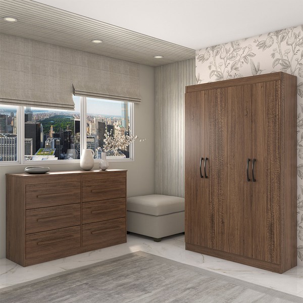 Guarda-Roupa Solteiro Europa 4 Portas e Cômoda 6 Gavetas Castanho - Panorama Móveis