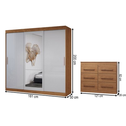 Guarda-Roupa Casal Europa 3 Portas 2 Gavetas e Cômoda 6 Gavetas 100% Mdf com Espelho Cinamomo/Off White - Panorama Móveis