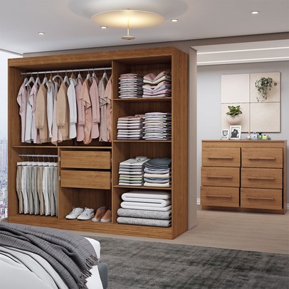 Guarda-Roupa Casal Europa 3 Portas 2 Gavetas e Cômoda 6 Gavetas 100% Mdf com Espelho Cinamomo/Off White - Panorama Móveis