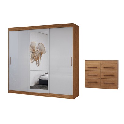 Guarda-Roupa Casal Europa 3 Portas 2 Gavetas e Cômoda 6 Gavetas 100% Mdf com Espelho Cinamomo/Off White - Panorama Móveis