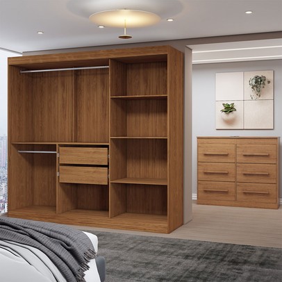 Guarda-Roupa Casal Europa 3 Portas 2 Gavetas e Cômoda 6 Gavetas 100% Mdf com Espelho Cinamomo/Off White - Panorama Móveis