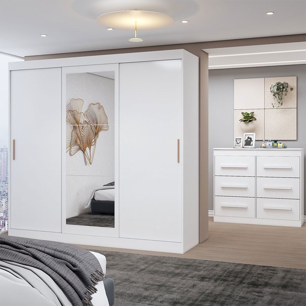 Guarda-Roupa Casal Europa 3 Portas 2 Gavetas e Cômoda 6 Gavetas 100% Mdf com Espelho Branco - Panorama Móveis
