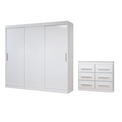 Guarda-Roupa Casal Europa 3 Portas 2 Gavetas e Cômoda 6 Gavetas 100% Mdf Branco - Panorama Móveis
