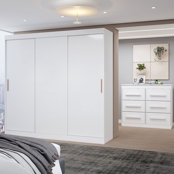 Guarda-Roupa Casal Europa 3 Portas 2 Gavetas e Cômoda 6 Gavetas 100% Mdf Branco - Panorama Móveis