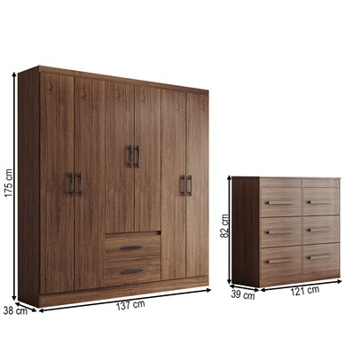 Guarda-Roupa Solteiro Europa 6 Portas 2 Gavetas e Cômoda 6 Gavetas Castanho - Panorama Móveis