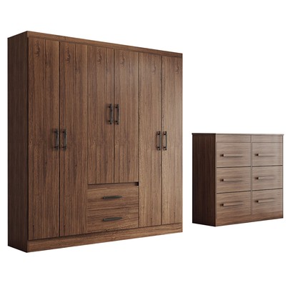 Guarda-Roupa Solteiro Europa 6 Portas 2 Gavetas e Cômoda 6 Gavetas Castanho - Panorama Móveis