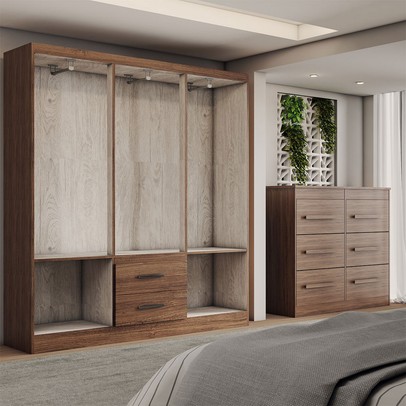 Guarda-Roupa Solteiro Europa 6 Portas 2 Gavetas e Cômoda 6 Gavetas Castanho - Panorama Móveis