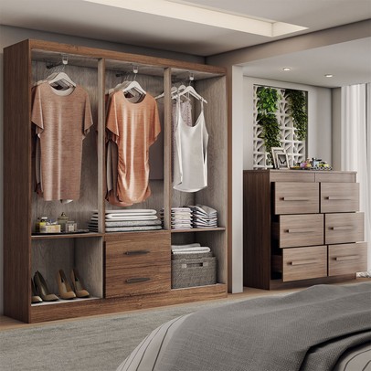 Guarda-Roupa Solteiro Europa 6 Portas 2 Gavetas e Cômoda 6 Gavetas Castanho - Panorama Móveis