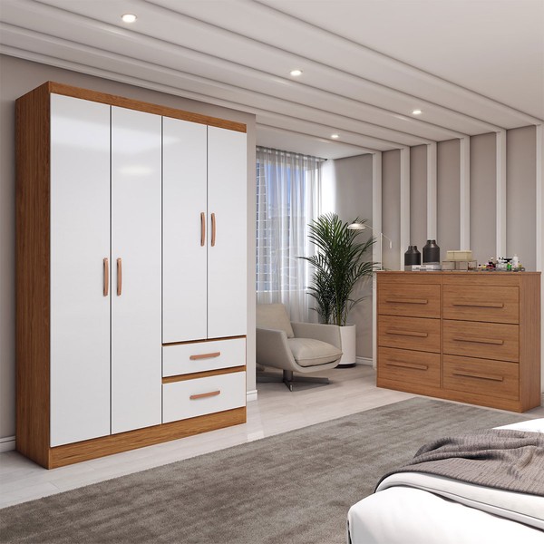 Guarda-Roupa Solteiro Europa 4 Portas 2 Gavetas e Cômoda 6 Gavetas Cinamomo/Off White - Panorama Móveis