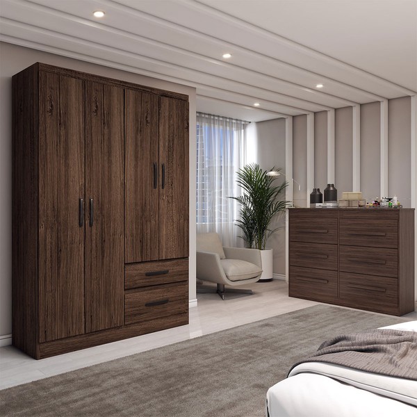 Guarda-Roupa Solteiro Europa 4 Portas 2 Gavetas e Cômoda 6 Gavetas Castanho - Panorama Móveis