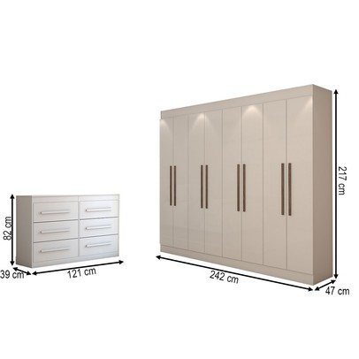 Guarda-Roupa Casal Europa 8 Portas 4 Gavetas e Cômoda 6 Gavetas 100% Mdf Branco - Panorama Móveis