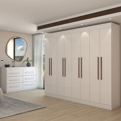 Guarda-Roupa Casal Europa 8 Portas 4 Gavetas e Cômoda 6 Gavetas 100% Mdf Branco - Panorama Móveis