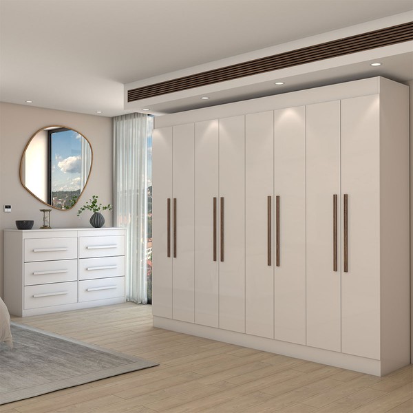 Guarda-Roupa Casal Europa 8 Portas 4 Gavetas e Cômoda 6 Gavetas 100% Mdf Branco - Panorama Móveis
