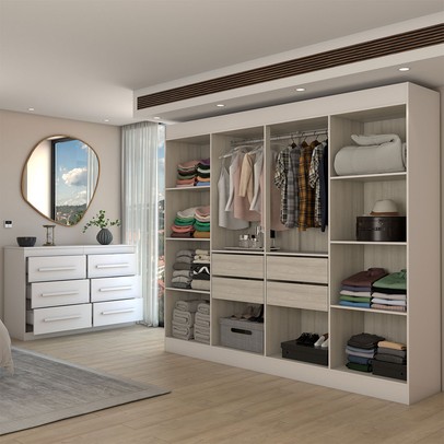 Guarda-Roupa Casal Europa 8 Portas 4 Gavetas e Cômoda 6 Gavetas 100% Mdf Branco - Panorama Móveis