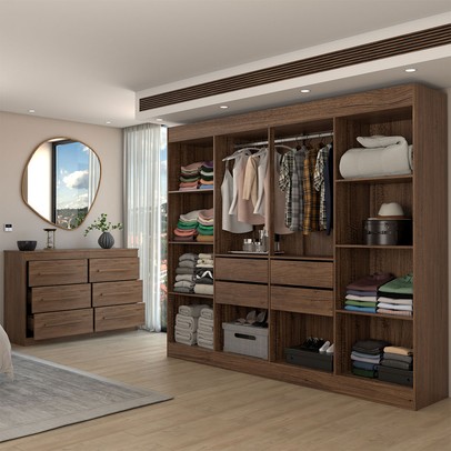 Guarda-Roupa Casal Europa 8 Portas 4 Gavetas e Cômoda 6 Gavetas 100% Mdf Castanho/Preto - Panorama Móveis