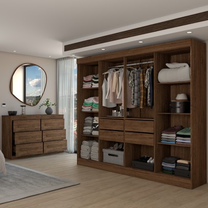 Guarda-Roupa Casal Europa 8 Portas 4 Gavetas e Cômoda 6 Gavetas 100% Mdf Castanho/Preto - Panorama Móveis