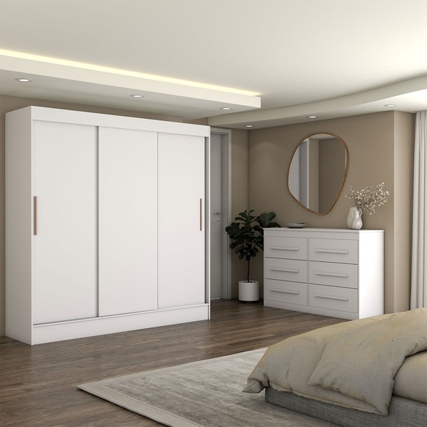 Guarda-Roupa Solteiro Europa 3 Portas 2 Gavetas e Cômoda 6 Gavetas Branco - Panorama Móveis