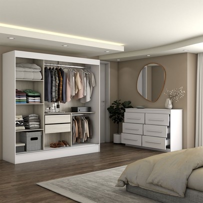 Guarda-Roupa Solteiro Europa 3 Portas 2 Gavetas e Cômoda 6 Gavetas Branco - Panorama Móveis