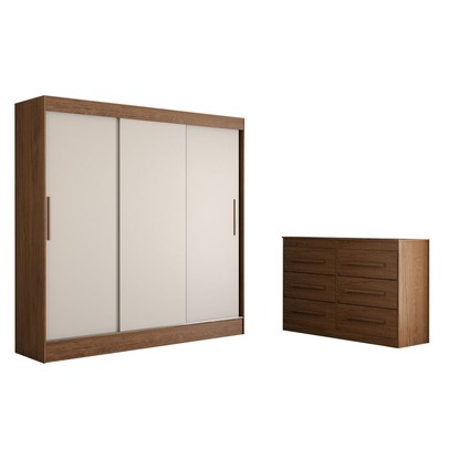 Guarda-Roupa Solteiro Europa 3 Portas 2 Gavetas e Cômoda 6 Gavetas Cinamomo/Off White - Panorama Móveis