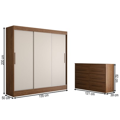Guarda-Roupa Solteiro Europa 3 Portas 2 Gavetas e Cômoda 6 Gavetas Cinamomo/Off White - Panorama Móveis