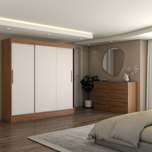 Guarda-Roupa Solteiro Europa 3 Portas 2 Gavetas e Cômoda 6 Gavetas Cinamomo/Off White - Panorama Móveis
