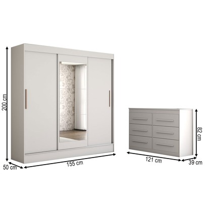 Guarda-Roupa Solteiro Europa 3 Portas 2 Gavetas e Cômoda 6 Gavetas Espelhado Branco - Panorama Móveis