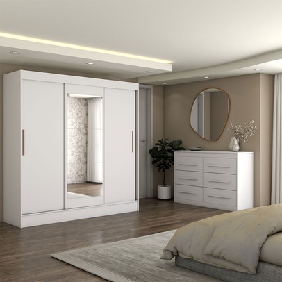 Guarda-Roupa Solteiro Europa 3 Portas 2 Gavetas e Cômoda 6 Gavetas Espelhado Branco - Panorama Móveis