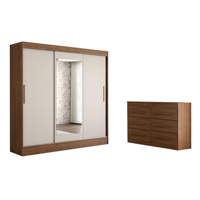 Guarda-Roupa Solteiro Europa 3 Portas 2 Gavetas e Cômoda 6 Gavetas Espelhado Cinamomo/Off White - Panorama Móveis