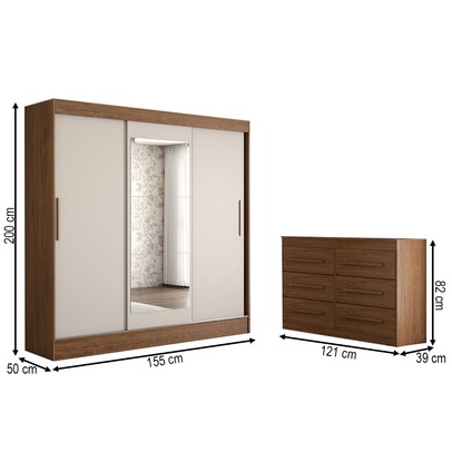 Guarda-Roupa Solteiro Europa 3 Portas 2 Gavetas e Cômoda 6 Gavetas Espelhado Cinamomo/Off White - Panorama Móveis