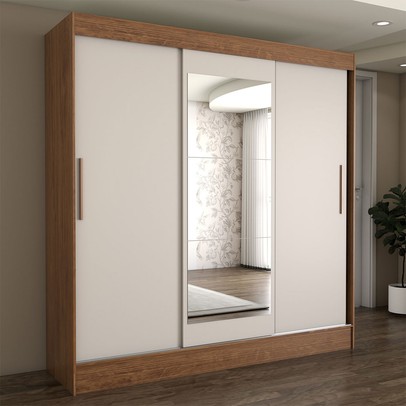 Guarda-Roupa Solteiro Europa 3 Portas 2 Gavetas e Cômoda 6 Gavetas Espelhado Cinamomo/Off White - Panorama Móveis