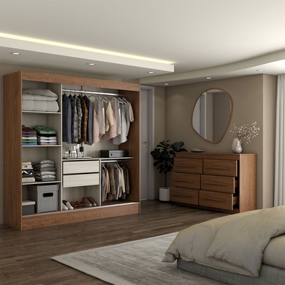 Guarda-Roupa Solteiro Europa 3 Portas 2 Gavetas e Cômoda 6 Gavetas Espelhado Cinamomo/Off White - Panorama Móveis