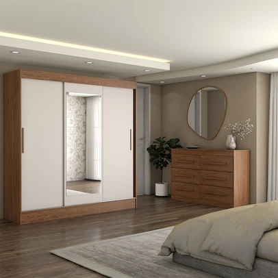 Guarda-Roupa Solteiro Europa 3 Portas 2 Gavetas e Cômoda 6 Gavetas Espelhado Cinamomo/Off White - Panorama Móveis