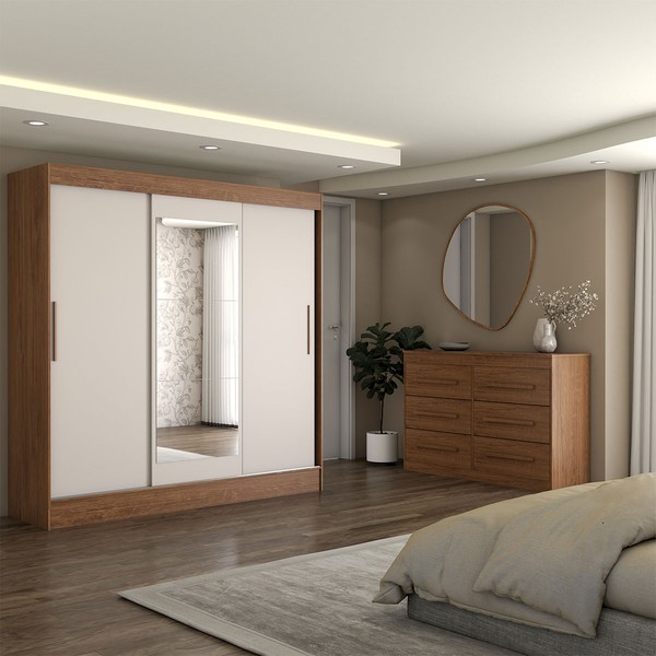 Guarda-Roupa Solteiro Europa 3 Portas 2 Gavetas e Cômoda 6 Gavetas Espelhado Cinamomo/Off White - Panorama Móveis