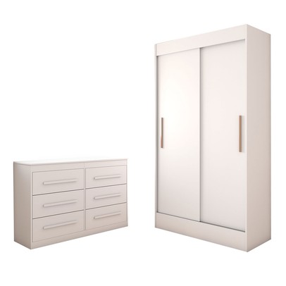 Guarda-Roupa Solteiro Europa 2 Portas 2 Gavetas e Cômoda 6 Gavetas Branco - Panorama Móveis