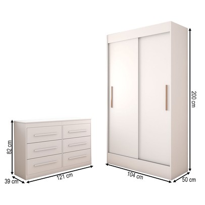Guarda-Roupa Solteiro Europa 2 Portas 2 Gavetas e Cômoda 6 Gavetas Branco - Panorama Móveis
