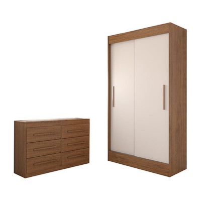 Guarda-Roupa Solteiro Europa 2 Portas 2 Gavetas e Cômoda 6 Gavetas Cinamomo/Off White - Panorama Móveis