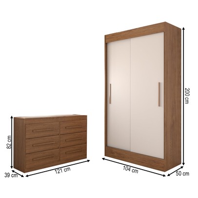 Guarda-Roupa Solteiro Europa 2 Portas 2 Gavetas e Cômoda 6 Gavetas Cinamomo/Off White - Panorama Móveis
