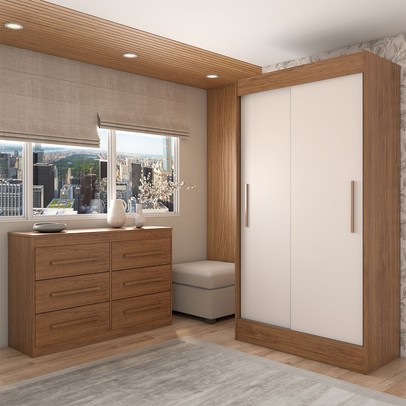 Guarda-Roupa Solteiro Europa 2 Portas 2 Gavetas e Cômoda 6 Gavetas Cinamomo/Off White - Panorama Móveis