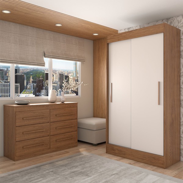 Guarda-Roupa Solteiro Europa 2 Portas 2 Gavetas e Cômoda 6 Gavetas Cinamomo/Off White - Panorama Móveis