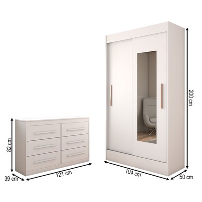 Guarda-Roupa Solteiro Europa 2 Portas 2 Gavetas e Cômoda 6 Gavetas com Espelho Branco - Panorama Móveis