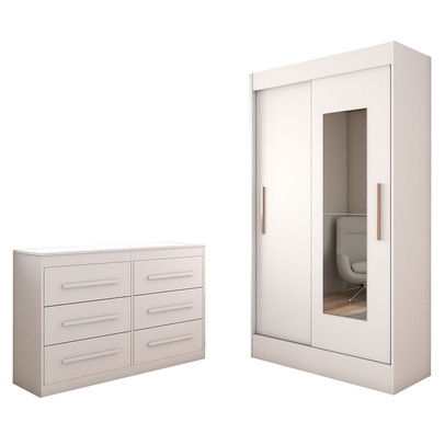 Guarda-Roupa Solteiro Europa 2 Portas 2 Gavetas e Cômoda 6 Gavetas com Espelho Branco - Panorama Móveis