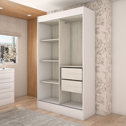 Guarda-Roupa Solteiro Europa 2 Portas 2 Gavetas e Cômoda 6 Gavetas com Espelho Branco - Panorama Móveis