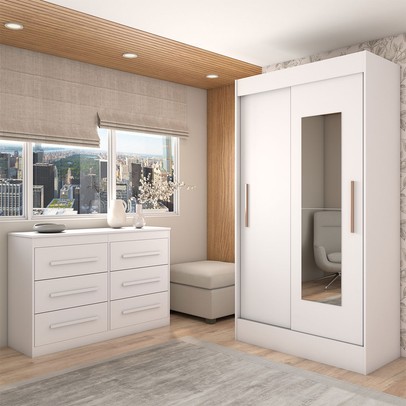 Guarda-Roupa Solteiro Europa 2 Portas 2 Gavetas e Cômoda 6 Gavetas com Espelho Branco - Panorama Móveis